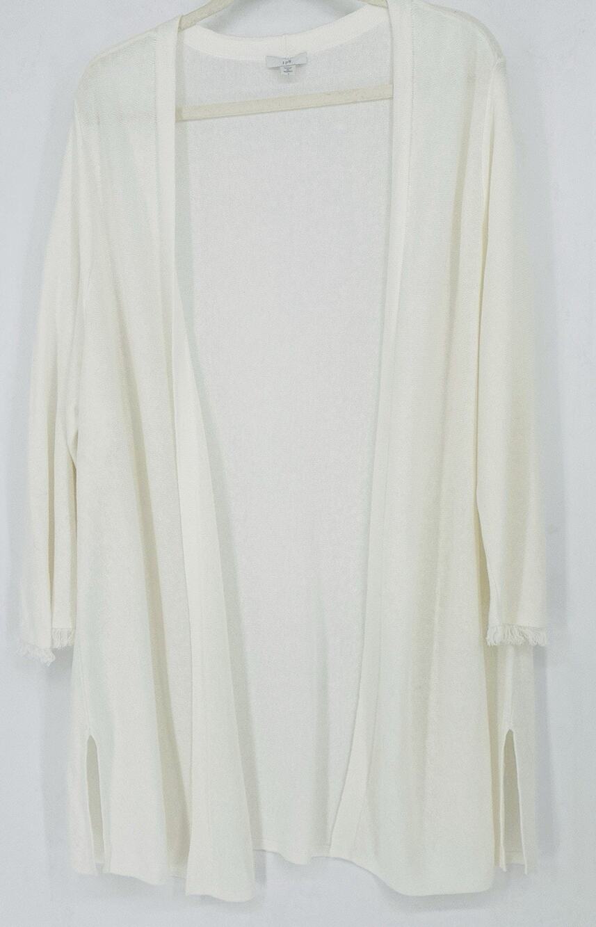 J.Jill Sz 2X Wmns White Open Side Slits Fringe LS Linen Rayon Shawl Frnt Cardign
